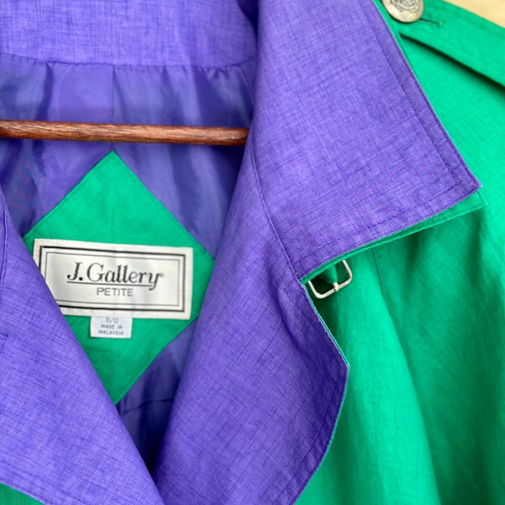 Vintage J. Gallery Green Purple Long Sleeve Trench Coat Retro Size 11/12 P - Picture 3 of 4